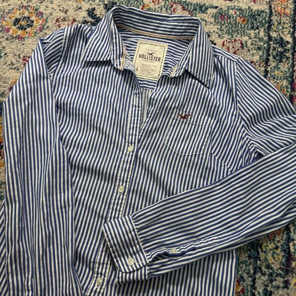 Hollister Button Down Long Sleeve Shirt Blue White Stripe Women’s Sz Large - Picture 8 of 8